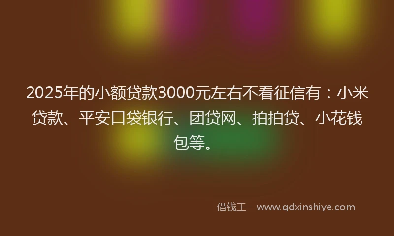 2025年的小额贷款3000元左右不看征信有：小米贷款、平安口袋银行、团贷网、拍拍贷、小花钱包等。