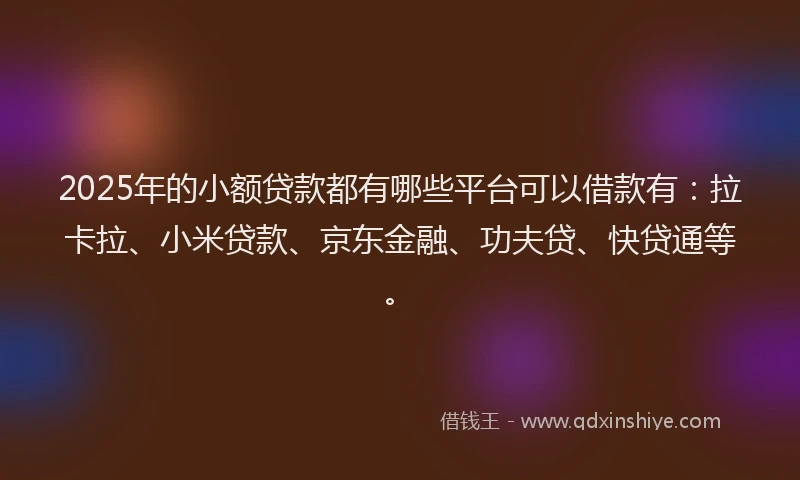 2025年的小额贷款都有哪些平台可以借款有：拉卡拉、小米贷款、京东金融、功夫贷、快贷通等。