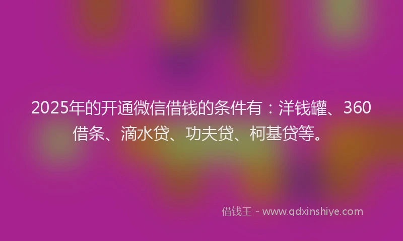 2025年的开通微信借钱的条件有：洋钱罐、360借条、滴水贷、功夫贷、柯基贷等。