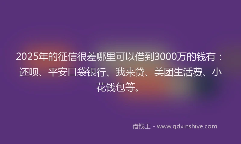 2025年的征信很差哪里可以借到3000万的钱有：还呗、平安口袋银行、我来贷、美团生活费、小花钱包等。