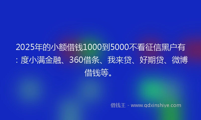 2025年的小额借钱1000到5000不看征信黑户有：度小满金融、360借条、我来贷、好期贷、微博借钱等。