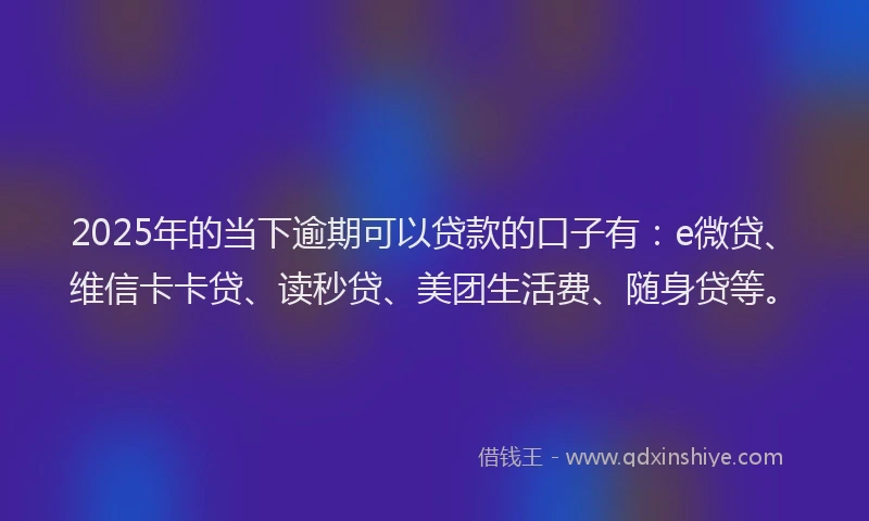 2025年的当下逾期可以贷款的口子有：e微贷、维信卡卡贷、读秒贷、美团生活费、随身贷等。