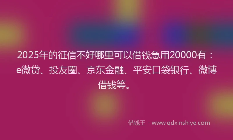 2025年的征信不好哪里可以借钱急用20000有：e微贷、投友圈、京东金融、平安口袋银行、微博借钱等。