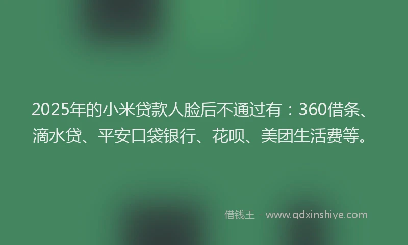 2025年的小米贷款人脸后不通过有：360借条、滴水贷、平安口袋银行、花呗、美团生活费等。