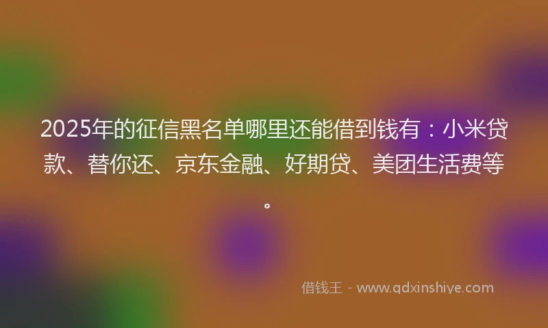 2025年的征信黑名单哪里还能借到钱有：小米贷款、替你还、京东金融、好期贷、美团生活费等。