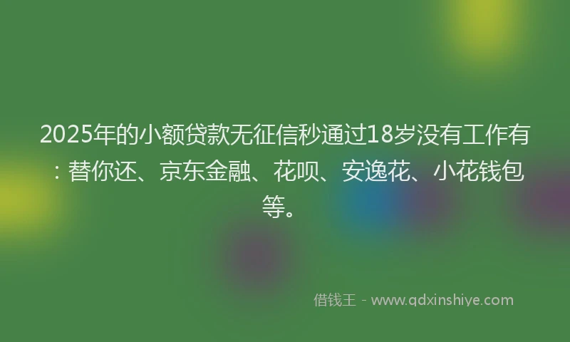 2025年的小额贷款无征信秒通过18岁没有工作有：替你还、京东金融、花呗、安逸花、小花钱包等。