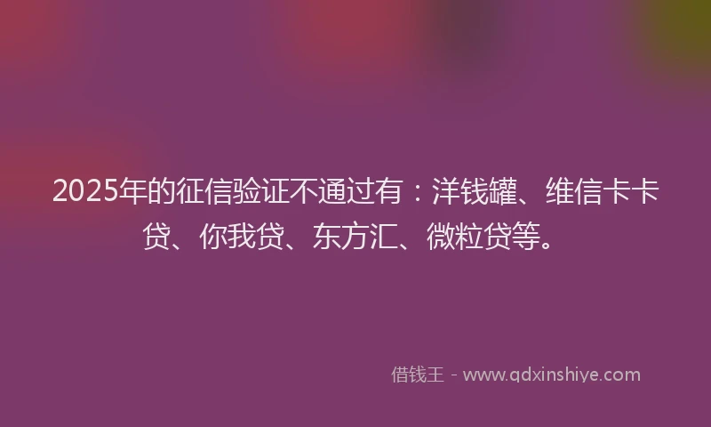 2025年的征信验证不通过有：洋钱罐、维信卡卡贷、你我贷、东方汇、微粒贷等。