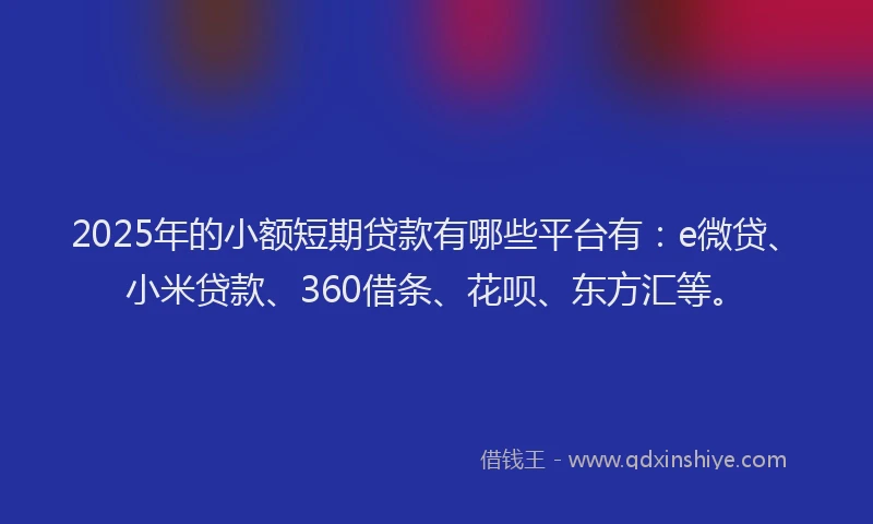 2025年的小额短期贷款有哪些平台有：e微贷、小米贷款、360借条、花呗、东方汇等。