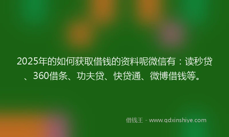 2025年的如何获取借钱的资料呢微信有：读秒贷、360借条、功夫贷、快贷通、微博借钱等。