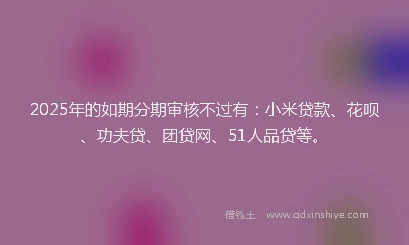 2025年的如期分期审核不过有：小米贷款、花呗、功夫贷、团贷网、51人品贷等。