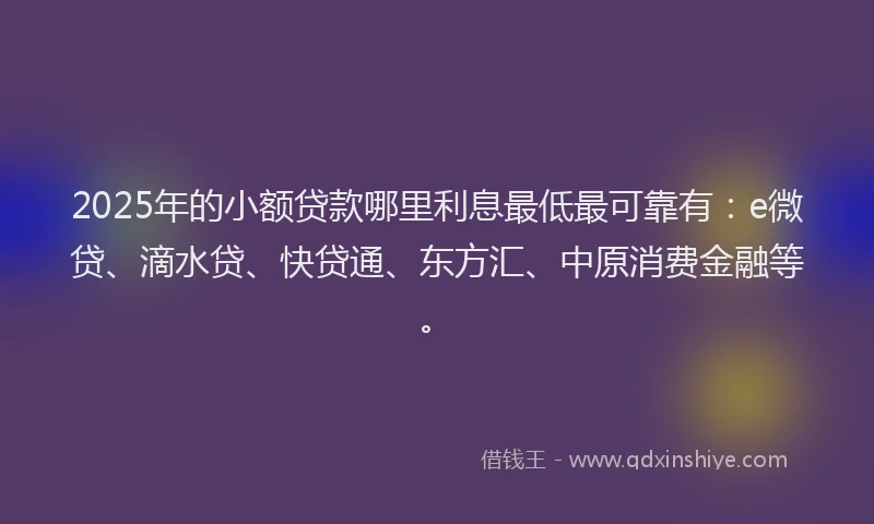 2025年的小额贷款哪里利息最低最可靠有：e微贷、滴水贷、快贷通、东方汇、中原消费金融等。