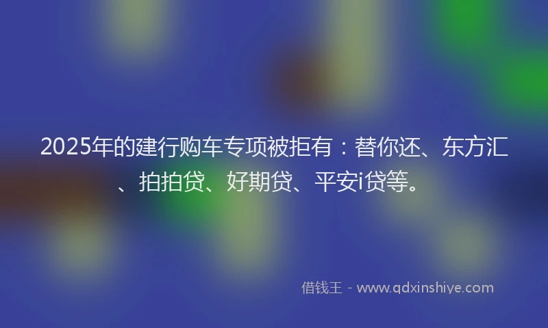 2025年的建行购车专项被拒有：替你还、东方汇、拍拍贷、好期贷、平安i贷等。