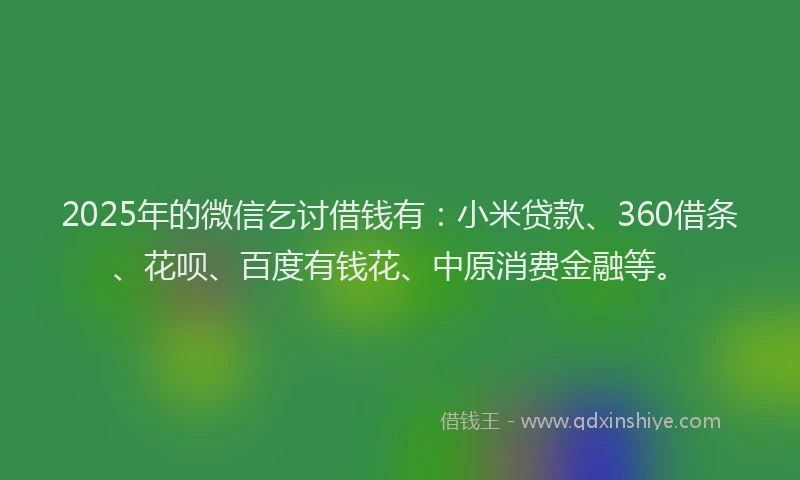 2025年的微信乞讨借钱有：小米贷款、360借条、花呗、百度有钱花、中原消费金融等。