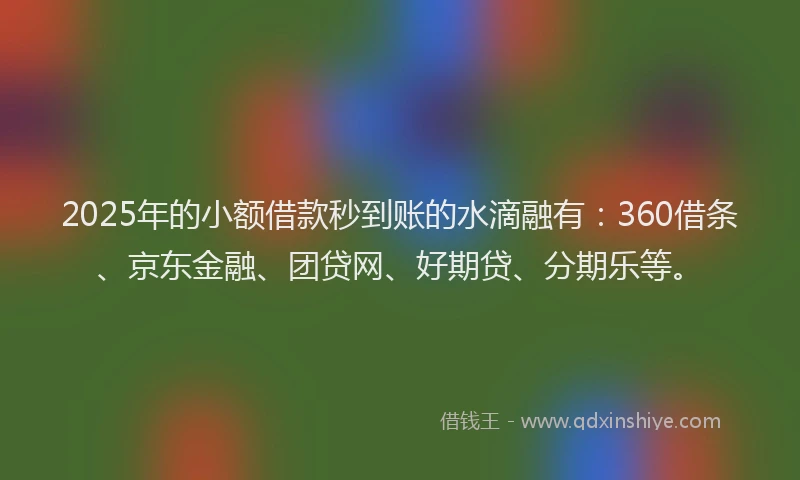 2025年的小额借款秒到账的水滴融有：360借条、京东金融、团贷网、好期贷、分期乐等。