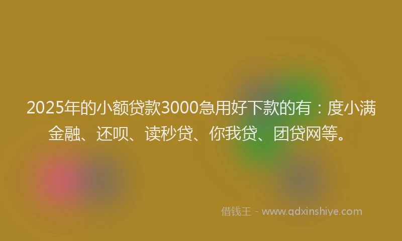 2025年的小额贷款3000急用好下款的有：度小满金融、还呗、读秒贷、你我贷、团贷网等。