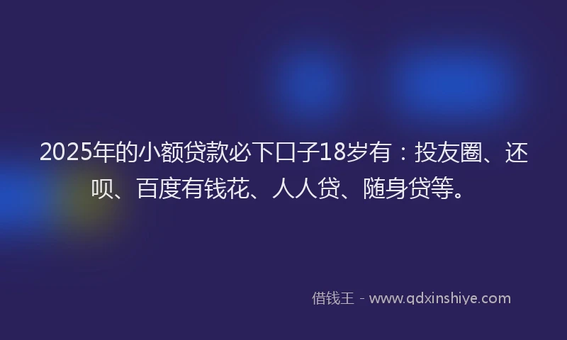 2025年的小额贷款必下口子18岁有：投友圈、还呗、百度有钱花、人人贷、随身贷等。