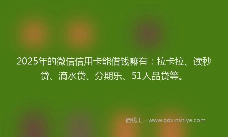 2025年的微信信用卡能借钱嘛有：拉卡拉、读秒贷、滴水贷、分期乐、51人品贷等。