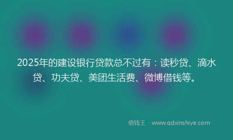 2025年的建设银行贷款总不过有：读秒贷、滴水贷、功夫贷、美团生活费、微博借钱等。