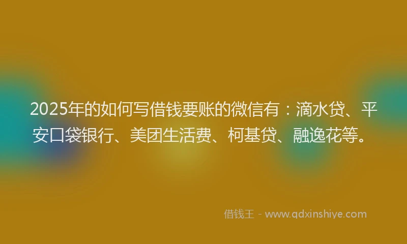 2025年的如何写借钱要账的微信有：滴水贷、平安口袋银行、美团生活费、柯基贷、融逸花等。