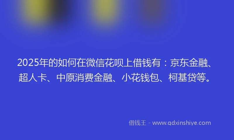 2025年的如何在微信花呗上借钱有：京东金融、超人卡、中原消费金融、小花钱包、柯基贷等。