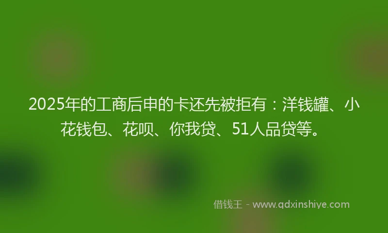 2025年的工商后申的卡还先被拒有：洋钱罐、小花钱包、花呗、你我贷、51人品贷等。