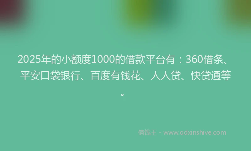 2025年的小额度1000的借款平台有：360借条、平安口袋银行、百度有钱花、人人贷、快贷通等。