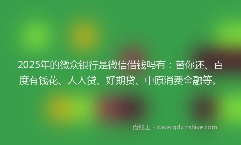2025年的微众银行是微信借钱吗有：替你还、百度有钱花、人人贷、好期贷、中原消费金融等。
