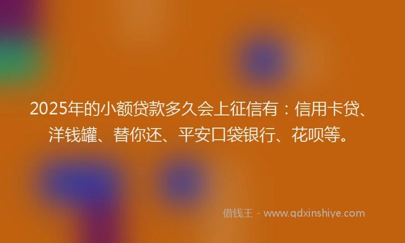 2025年的小额贷款多久会上征信有：信用卡贷、洋钱罐、替你还、平安口袋银行、花呗等。