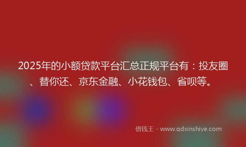 2025年的小额贷款平台汇总正规平台有：投友圈、替你还、京东金融、小花钱包、省呗等。