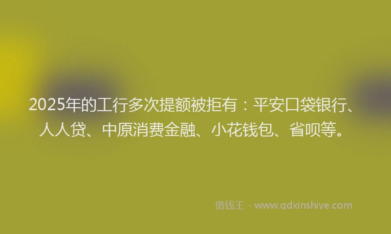 2025年的工行多次提额被拒有：平安口袋银行、人人贷、中原消费金融、小花钱包、省呗等。