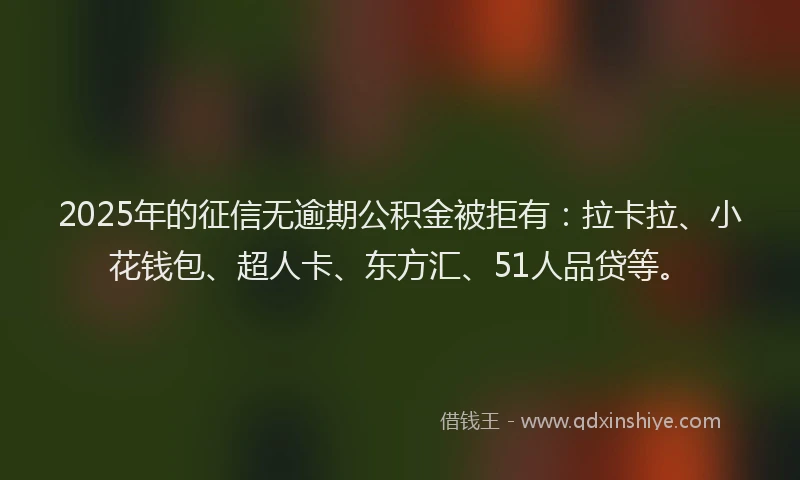 2025年的征信无逾期公积金被拒有：拉卡拉、小花钱包、超人卡、东方汇、51人品贷等。