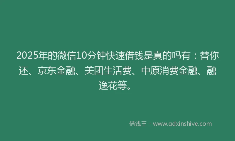 2025年的微信10分钟快速借钱是真的吗有：替你还、京东金融、美团生活费、中原消费金融、融逸花等。