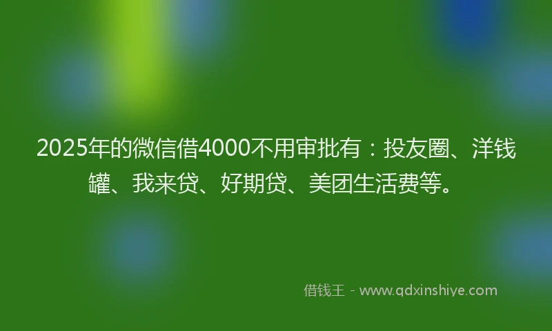 2025年的微信借4000不用审批有：投友圈、洋钱罐、我来贷、好期贷、美团生活费等。