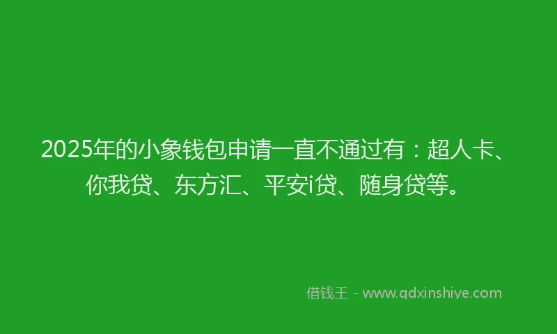 2025年的小象钱包申请一直不通过有：超人卡、你我贷、东方汇、平安i贷、随身贷等。
