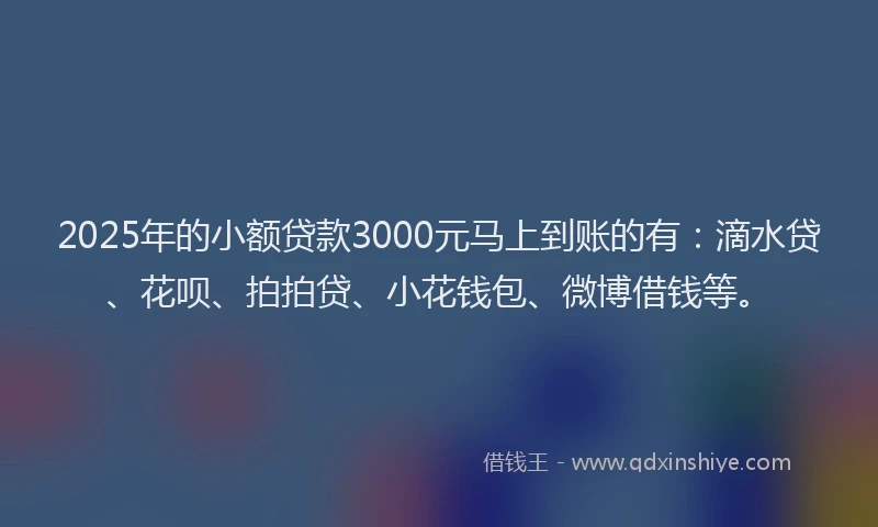2025年的小额贷款3000元马上到账的有：滴水贷、花呗、拍拍贷、小花钱包、微博借钱等。