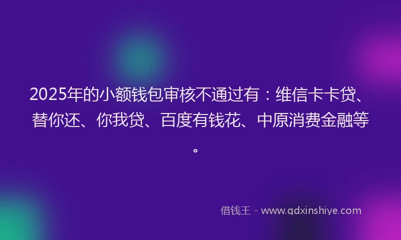 2025年的小额钱包审核不通过有：维信卡卡贷、替你还、你我贷、百度有钱花、中原消费金融等。