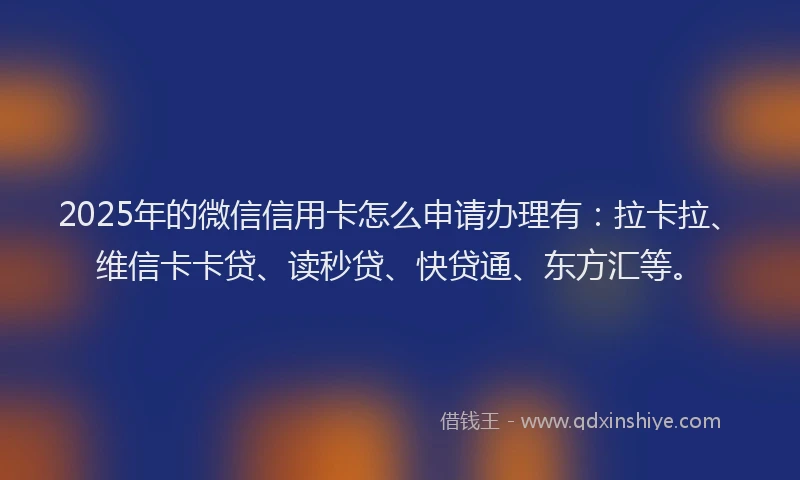2025年的微信信用卡怎么申请办理有：拉卡拉、维信卡卡贷、读秒贷、快贷通、东方汇等。