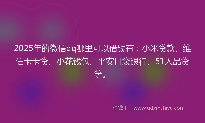 2025年的微信qq哪里可以借钱有：小米贷款、维信卡卡贷、小花钱包、平安口袋银行、51人品贷等。