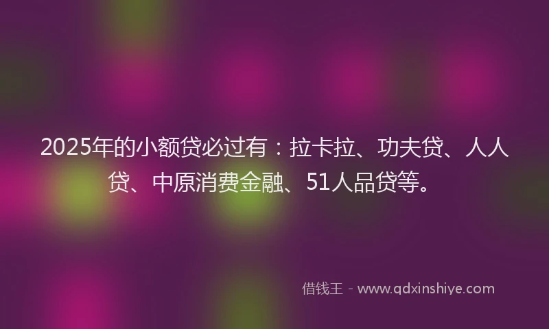 2025年的小额贷必过有：拉卡拉、功夫贷、人人贷、中原消费金融、51人品贷等。