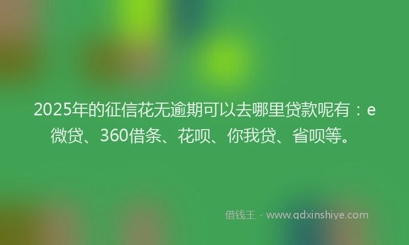2025年的征信花无逾期可以去哪里贷款呢有：e微贷、360借条、花呗、你我贷、省呗等。