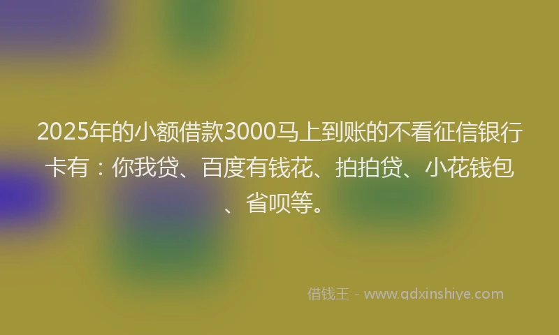 2025年的小额借款3000马上到账的不看征信银行卡有：你我贷、百度有钱花、拍拍贷、小花钱包、省呗等。