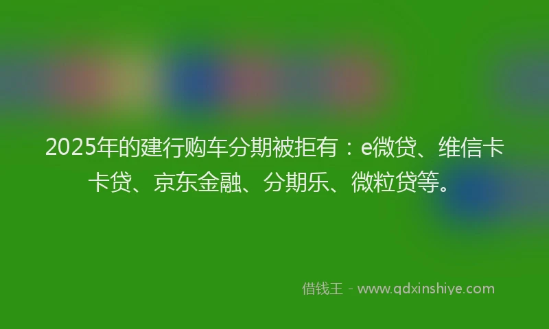 2025年的建行购车分期被拒有：e微贷、维信卡卡贷、京东金融、分期乐、微粒贷等。