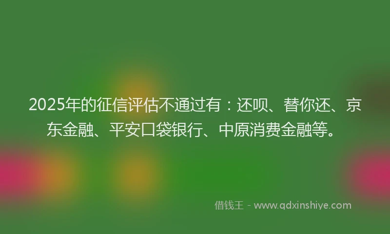 2025年的征信评估不通过有：还呗、替你还、京东金融、平安口袋银行、中原消费金融等。