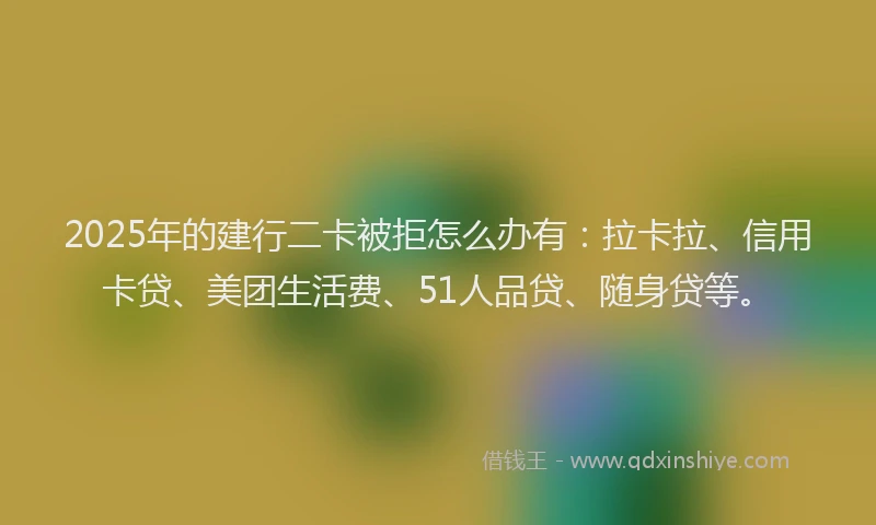 2025年的建行二卡被拒怎么办有：拉卡拉、信用卡贷、美团生活费、51人品贷、随身贷等。