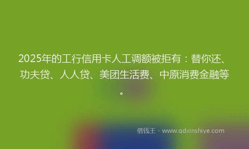 2025年的工行信用卡人工调额被拒有：替你还、功夫贷、人人贷、美团生活费、中原消费金融等。