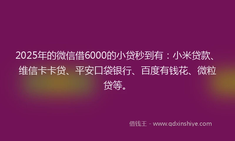2025年的微信借6000的小贷秒到有：小米贷款、维信卡卡贷、平安口袋银行、百度有钱花、微粒贷等。