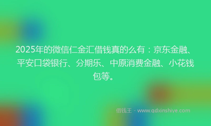 2025年的微信仁金汇借钱真的么有：京东金融、平安口袋银行、分期乐、中原消费金融、小花钱包等。