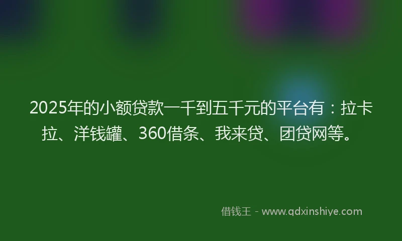 2025年的小额贷款一千到五千元的平台有：拉卡拉、洋钱罐、360借条、我来贷、团贷网等。