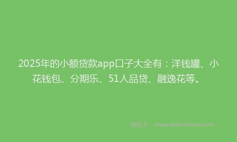 2025年的小额贷款app口子大全有：洋钱罐、小花钱包、分期乐、51人品贷、融逸花等。