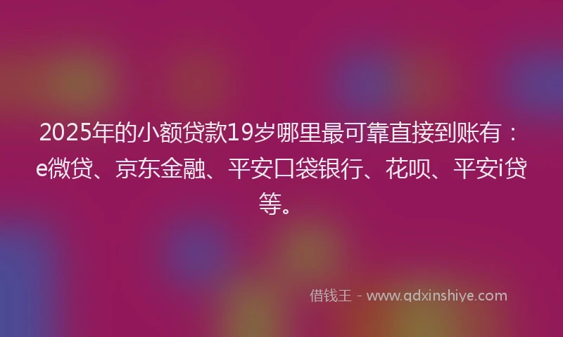 2025年的小额贷款19岁哪里最可靠直接到账有：e微贷、京东金融、平安口袋银行、花呗、平安i贷等。